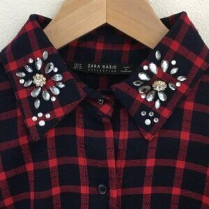 Zara Plaid Gem embellished Collar Shirt Dress